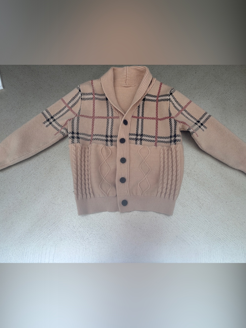Kids Beige Plaid Knit Button-Up Cardigan Jacket